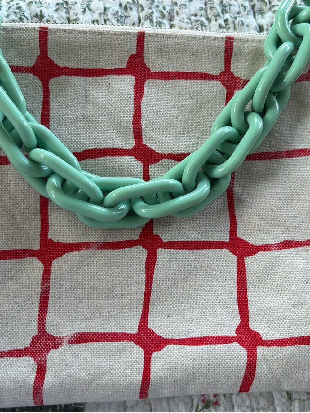 Clare V cream and red grid clutch with mint Green Chunky Chain Strap - Picture 5 of 5